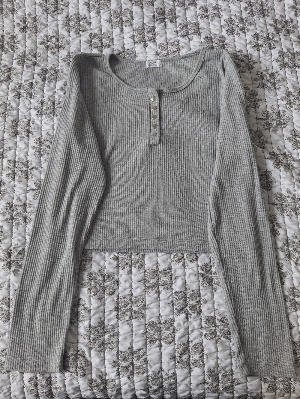 Ardene Light Grey Ribbed Henley Crop Long-Sleeve Top